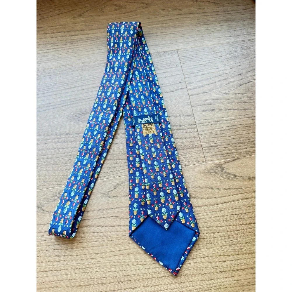 Hermes Paris Mens Blue‎ Silk Tie Potted Flowers Topiary Floral 7692 OA France